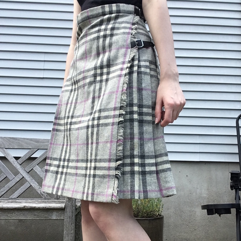 Plaid grey purple wrap skirt small pure wool